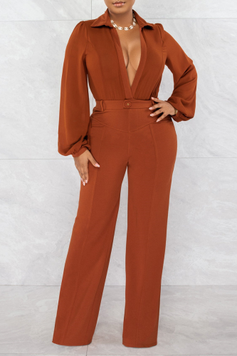 Street Solid Patchwork Turndown Collar Boot Cut Jumpsuits