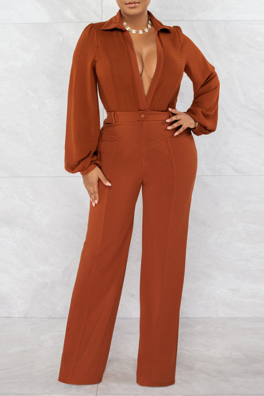 Street Solid Patchwork Turndown Collar Boot Cut Jumpsuits