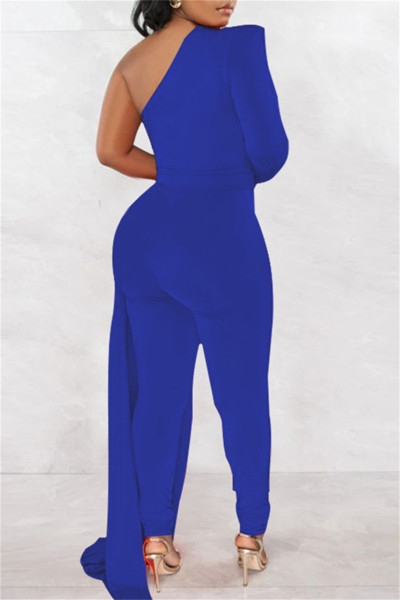 Casual Solid Patchwork Asymmetrical Oblique Collar Skinny Jumpsuits