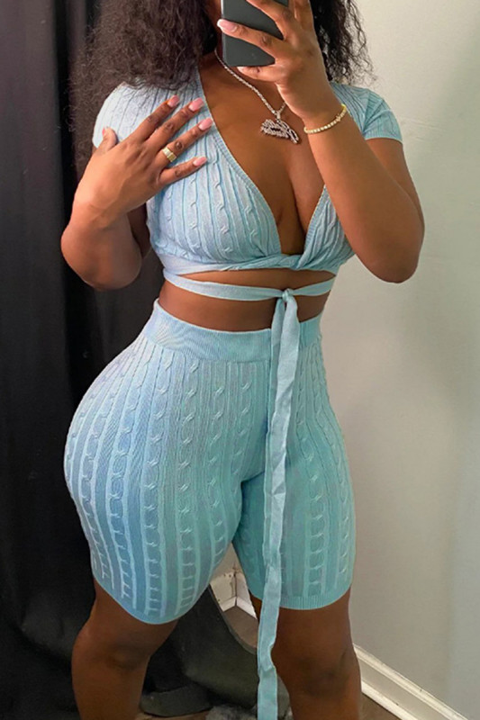 Casual Solid Frenulum V Neck Short Sleeve Two Pieces