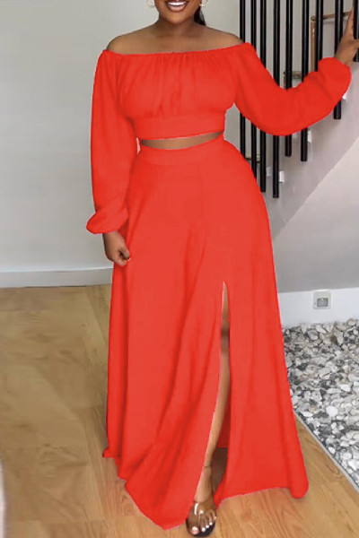 Casual Elegant Simplicity Slit Fold Solid Color Off the Shoulder Long Sleeve Two Pieces