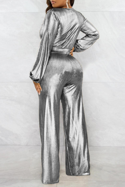 Street Solid Patchwork V Neck Boot Cut Jumpsuits
