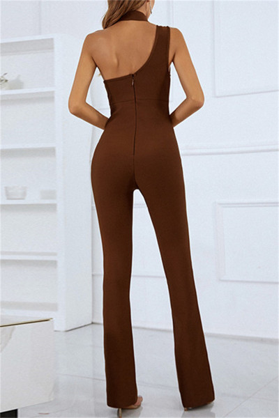 Sexy Casual Solid Hollowed Out Backless Turtleneck Regular Jumpsuits