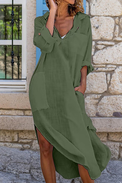 Casual Solid Patchwork Turndown Collar Shirt Dress Dresses