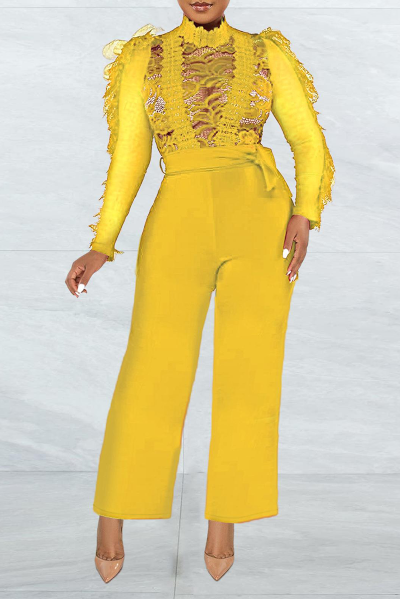 Sexy Solid Lace O Neck Regular Jumpsuits