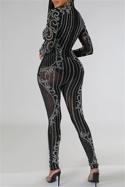 Sexy Patchwork Hot Drilling See-through Half A Turtleneck Skinny Jumpsuits