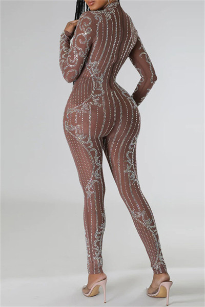 Sexy Patchwork Hot Drilling See-through Half A Turtleneck Skinny Jumpsuits