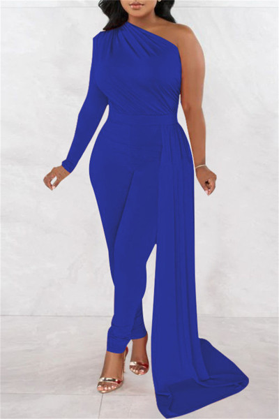 Casual Solid Patchwork Asymmetrical Oblique Collar Skinny Jumpsuits
