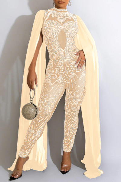 Sexy Patchwork Hot Drilling See-through Half A Turtleneck Skinny Jumpsuits