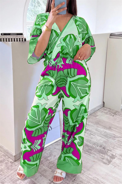 Casual Print Patchwork V Neck Regular Jumpsuits