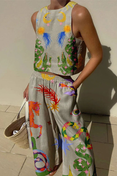Casual Print Pocket O Neck Sleeveless Two Pieces