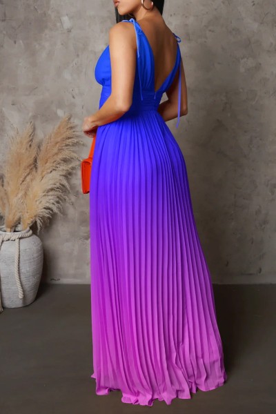 Sexy Casual Gradual Change Print Bandage Backless Pleated V Neck Long Dress Dresses