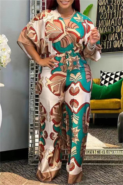 Casual Print Patchwork V Neck Regular Jumpsuits