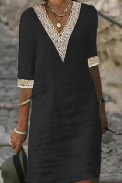 Casual Solid Patchwork V Neck A Line Dresses