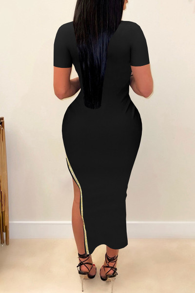 Casual Solid Patchwork Slit Hot Drill O Neck Short Sleeve Dress