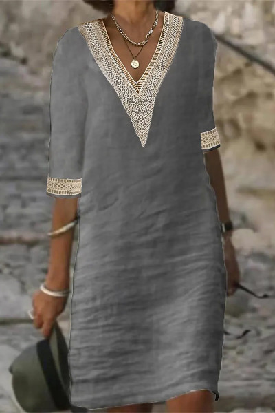 Casual Solid Patchwork V Neck A Line Dresses