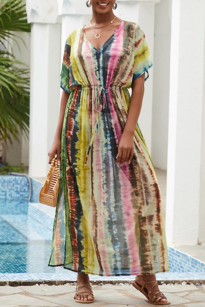 Casual Print Patchwork Slit V Neck Beach Dress Dresses