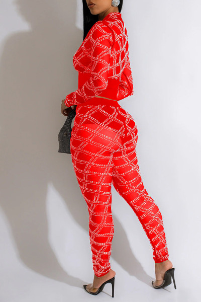 Sexy Patchwork Hot Drilling See-through Zipper Collar Long Sleeve Two Pieces