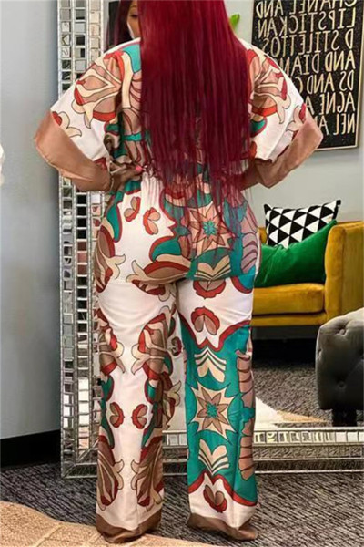 Casual Print Patchwork V Neck Regular Jumpsuits