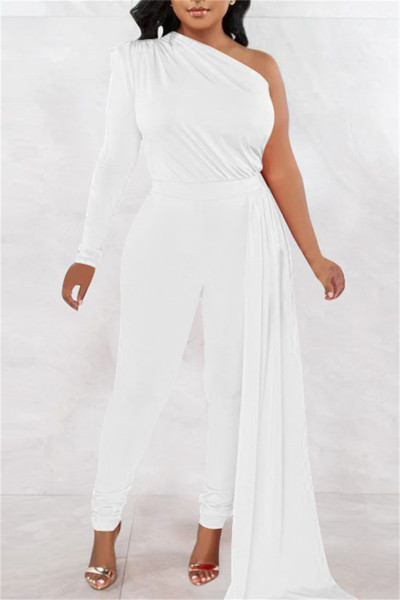 Casual Solid Patchwork Asymmetrical Oblique Collar Skinny Jumpsuits