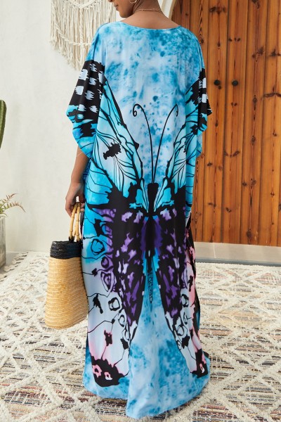 Casual Print Slit V Neck Long Dress Dresses