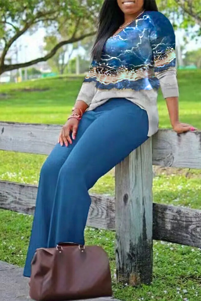 Casual Print Patchwork V Neck Long Sleeve Two Pieces