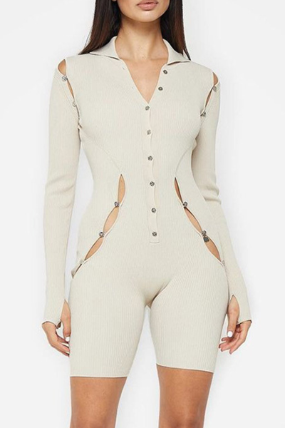 Sexy Solid Hollowed Out Turndown Collar Skinny Rompers