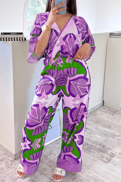 Casual Print Patchwork V Neck Regular Jumpsuits
