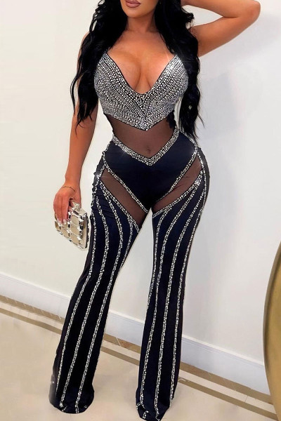 Sexy Patchwork Hot Drilling See-through Backless V Neck Regular Jumpsuits