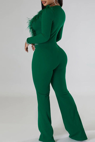 Sexy Solid Patchwork Feathers Hot Drill V Neck Straight Jumpsuits