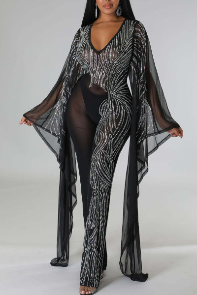 Sexy Solid Patchwork See-through Hot Drill V Neck Straight Jumpsuits