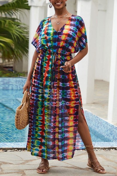 Casual Print Patchwork Slit V Neck Beach Dress Dresses