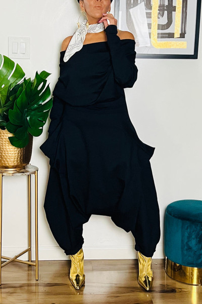 Sexy Street Solid Pocket Asymmetrical Oblique Collar Harlan Jumpsuits