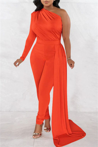Casual Solid Patchwork Asymmetrical Oblique Collar Skinny Jumpsuits