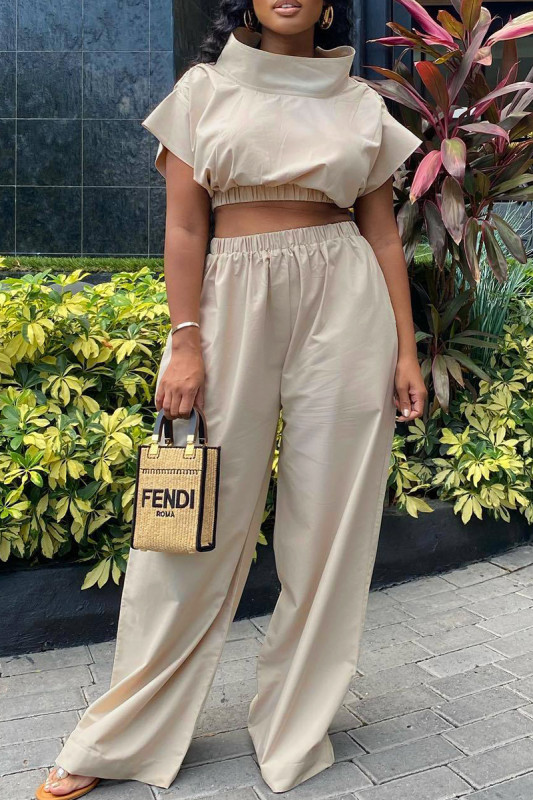 Casual Solid Basic Mandarin Collar Short Sleeve Two Pieces