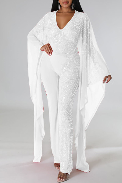 Sexy Solid Patchwork See-through Hot Drill V Neck Straight Jumpsuits