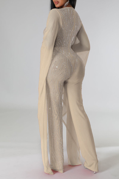 Sexy Solid Patchwork See-through Hot Drill V Neck Straight Jumpsuits