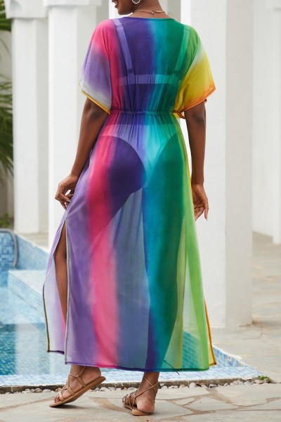 Casual Print Patchwork Slit V Neck Beach Dress Dresses