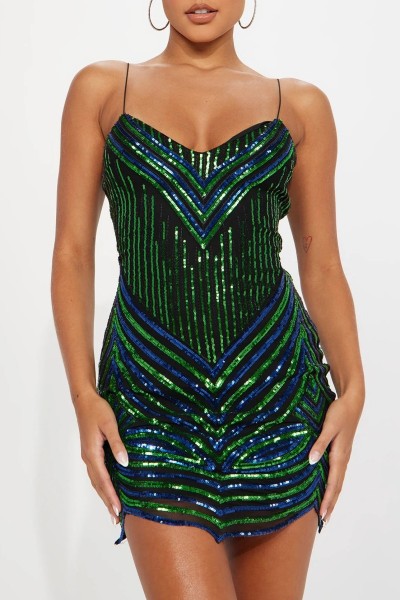 Sexy Patchwork Sequins Backless Spaghetti Strap Sleeveless Dress Dresses