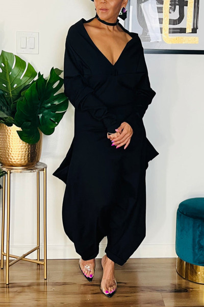 Sexy Street Solid Pocket Asymmetrical Oblique Collar Harlan Jumpsuits