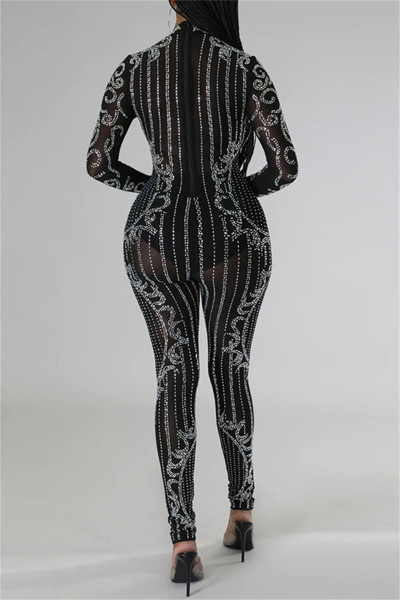 Sexy Patchwork Hot Drilling See-through Half A Turtleneck Skinny Jumpsuits