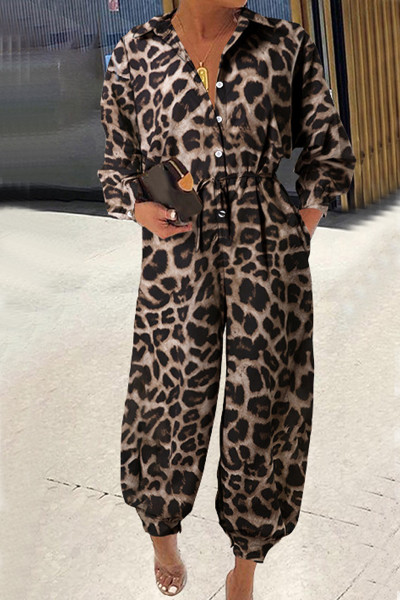 Casual College Solid With Belt Printing Turndown Collar Loose Jumpsuits