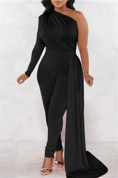 Casual Solid Patchwork Asymmetrical Oblique Collar Skinny Jumpsuits