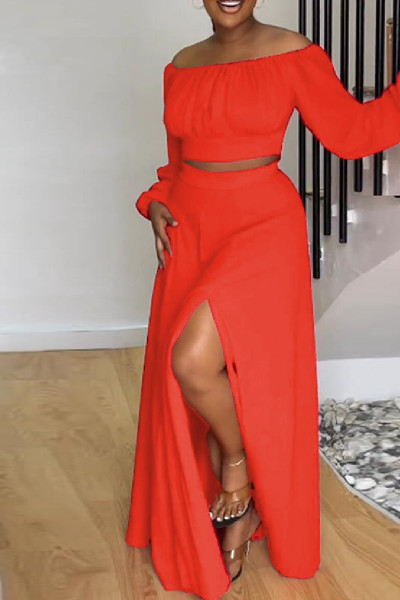 Casual Elegant Simplicity Slit Fold Solid Color Off the Shoulder Long Sleeve Two Pieces