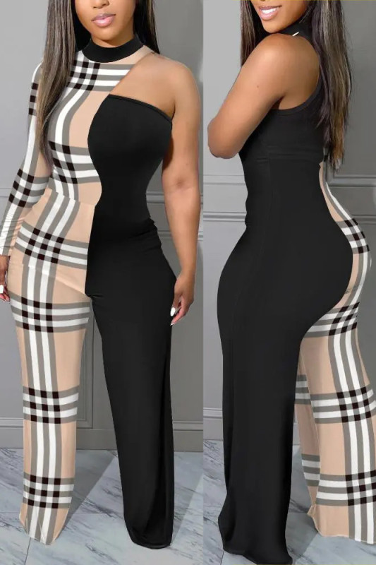 Sexy Plaid Print Patchwork Printing O Neck Regular Jumpsuits