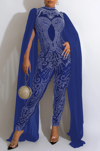 Sexy Patchwork Hot Drilling See-through Half A Turtleneck Skinny Jumpsuits