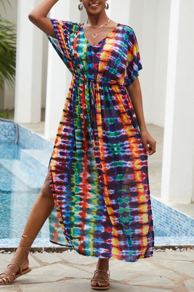Casual Print Patchwork Slit V Neck Beach Dress Dresses
