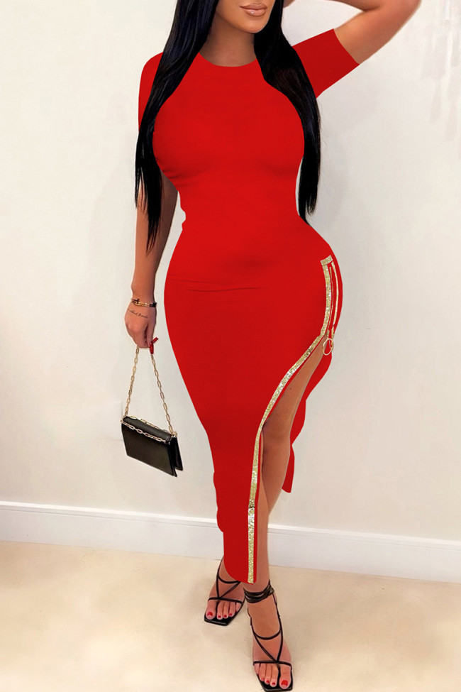 Casual Solid Patchwork Slit Hot Drill O Neck Short Sleeve Dress