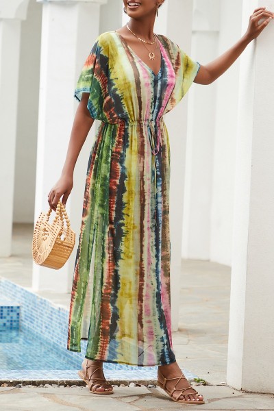 Casual Print Patchwork Slit V Neck Beach Dress Dresses
