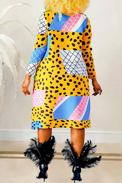 Casual Print Patchwork Mandarin Collar Long Sleeve Dresses